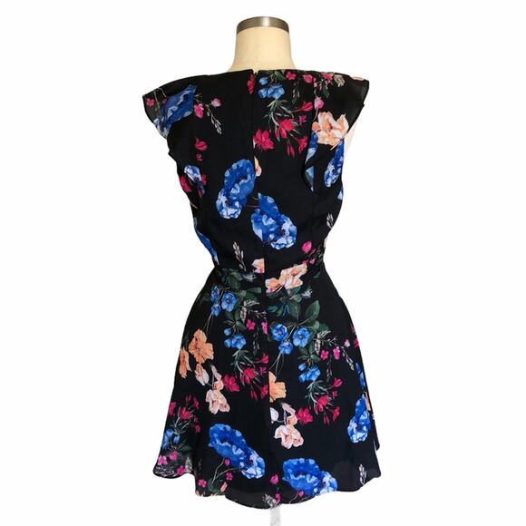 PARKER Black Floral Ruffled Mini Dress Small Colorful Glam NWT - Picture 3 of 7